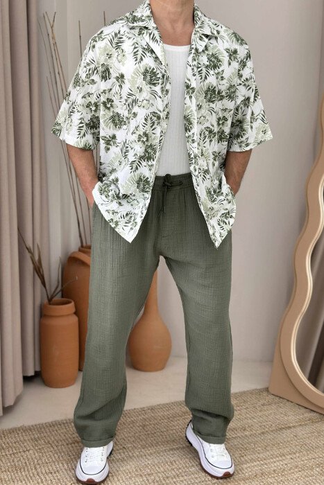 FLOWERS DESIGN SHORT SLEEVES MEN SHIRT GREEN/JESHILE - 