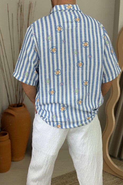 FLOWERS DESIGN SHORT SLEEVES STRIPED MEN SHIRT LIGHTBLUE/BZ - 3