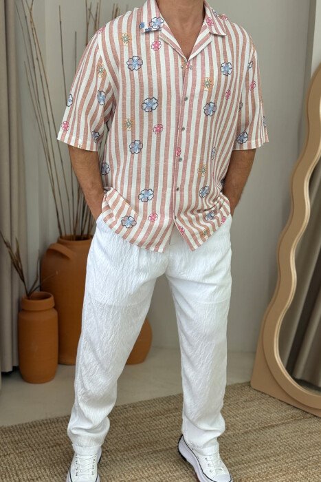 FLOWERS DESIGN SHORT SLEEVES STRIPED MEN SHIRT POWDER/PUDER - 1