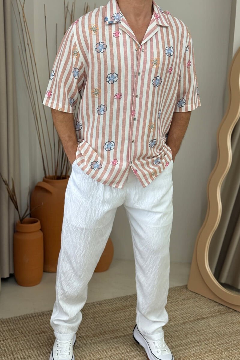 FLOWERS DESIGN SHORT SLEEVES STRIPED MEN SHIRT POWDER/PUDER - 1
