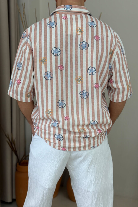 FLOWERS DESIGN SHORT SLEEVES STRIPED MEN SHIRT POWDER/PUDER - 2