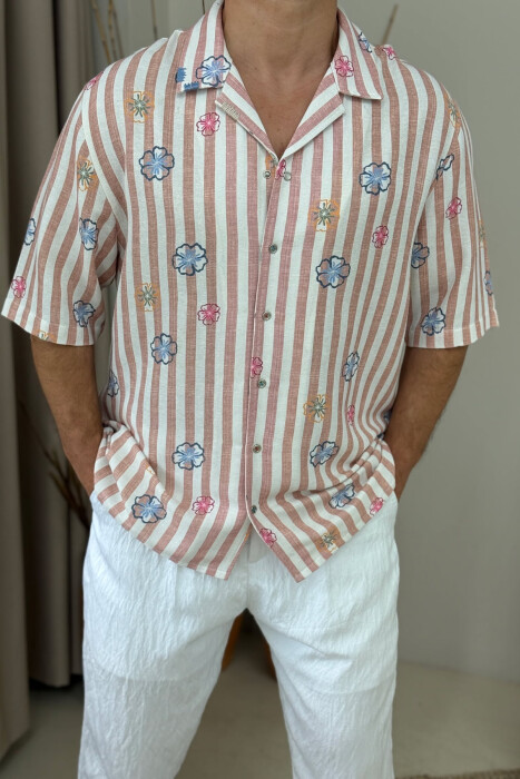 FLOWERS DESIGN SHORT SLEEVES STRIPED MEN SHIRT POWDER/PUDER - 3