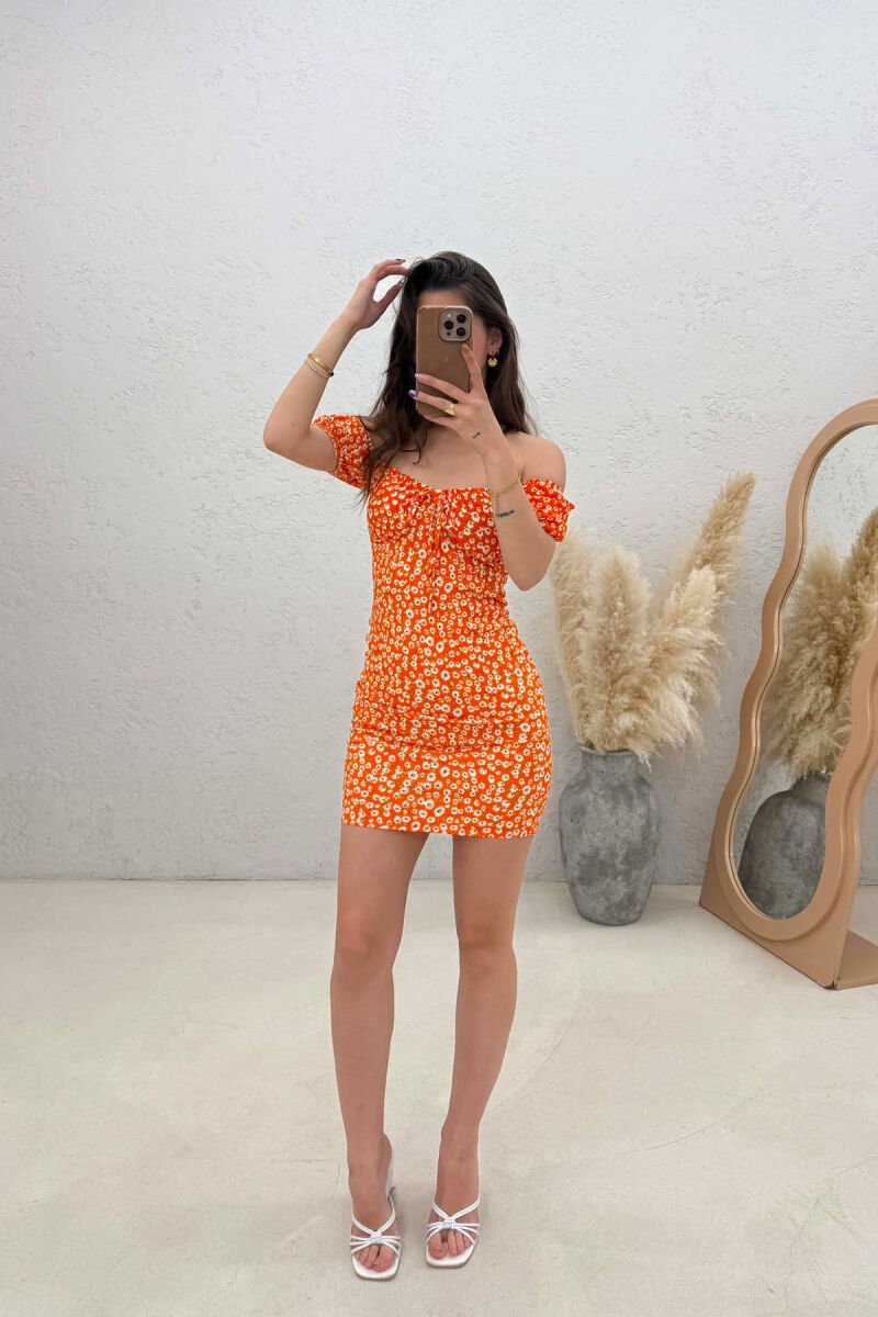 FLOWERS DESIGN SHORT WOMAN DRESS ORANGE/PORTOKALLI - 1