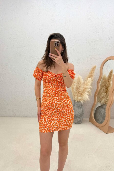 FLOWERS DESIGN SHORT WOMAN DRESS ORANGE/PORTOKALLI - 3