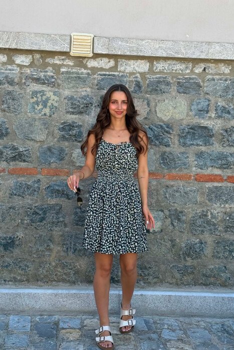 FLOWERS DESIGN THIN STRAPS WOMAN DRESS BLACK/ E ZEZE - 1