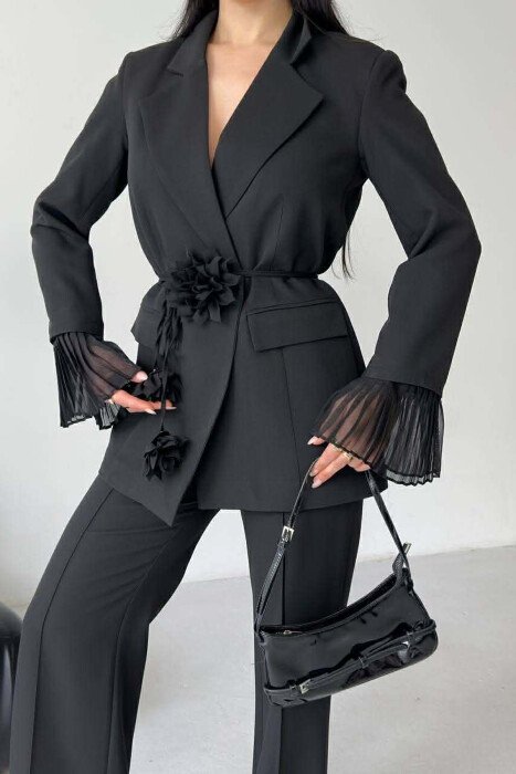 FLOWERS DETAIL LACING JACKET + TROUSERS WOMAN SET BLACK/ E ZEZE - 7