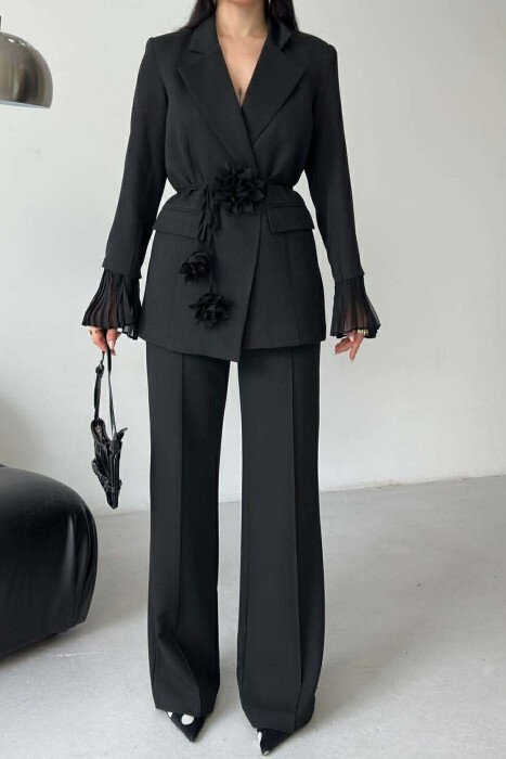 FLOWERS DETAIL LACING JACKET + TROUSERS WOMAN SET BLACK/ E ZEZE - 11