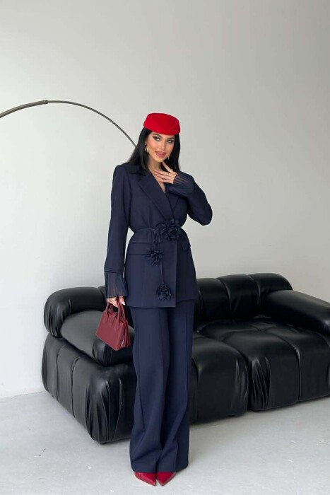 FLOWERS DETAIL LACING JACKET + TROUSERS WOMAN SET BLUE/BLU - 9