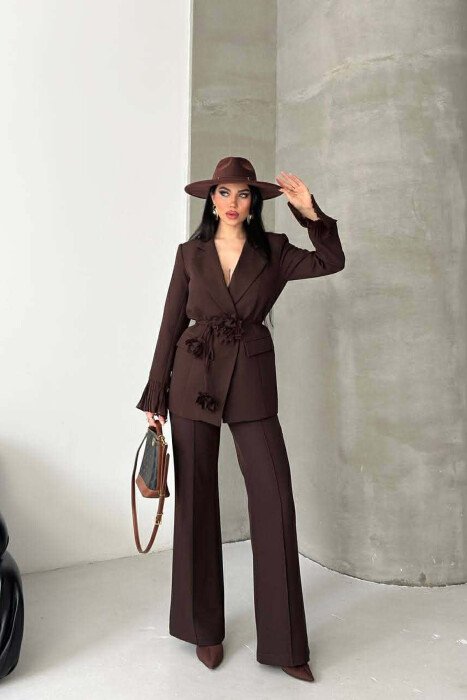 FLOWERS DETAIL LACING JACKET + TROUSERS WOMAN SET BROWN/KAFE 