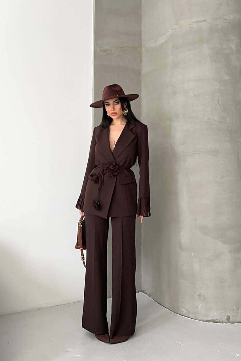 FLOWERS DETAIL LACING JACKET + TROUSERS WOMAN SET BROWN/KAFE - 2