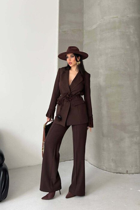 FLOWERS DETAIL LACING JACKET + TROUSERS WOMAN SET BROWN/KAFE - 4