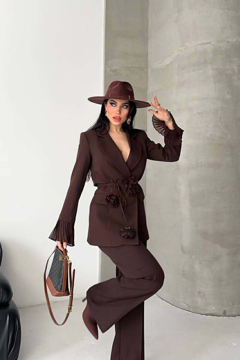 FLOWERS DETAIL LACING JACKET + TROUSERS WOMAN SET BROWN/KAFE - 5
