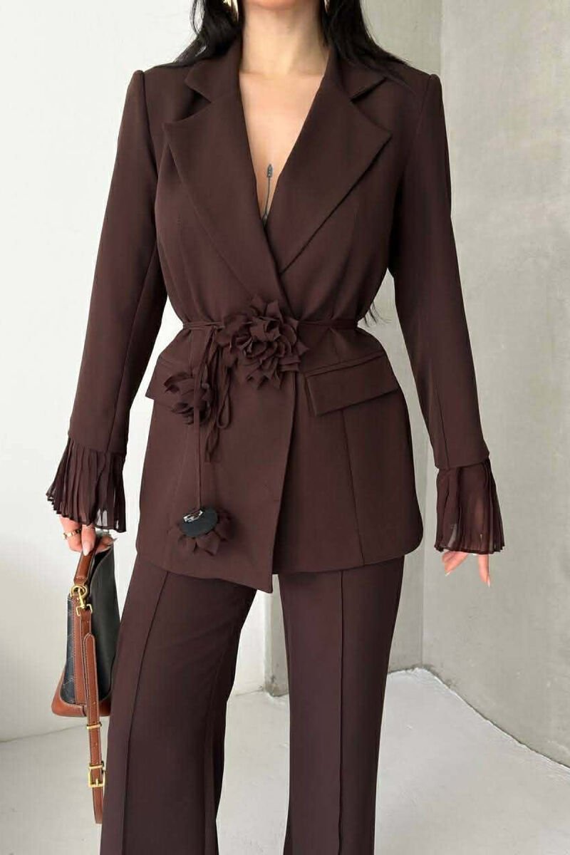 FLOWERS DETAIL LACING JACKET + TROUSERS WOMAN SET BROWN/KAFE - 7