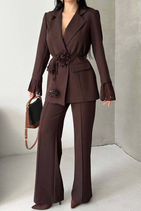 FLOWERS DETAIL LACING JACKET + TROUSERS WOMAN SET BROWN/KAFE - 9