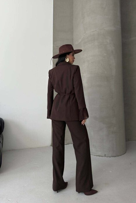 FLOWERS DETAIL LACING JACKET + TROUSERS WOMAN SET BROWN/KAFE - 11