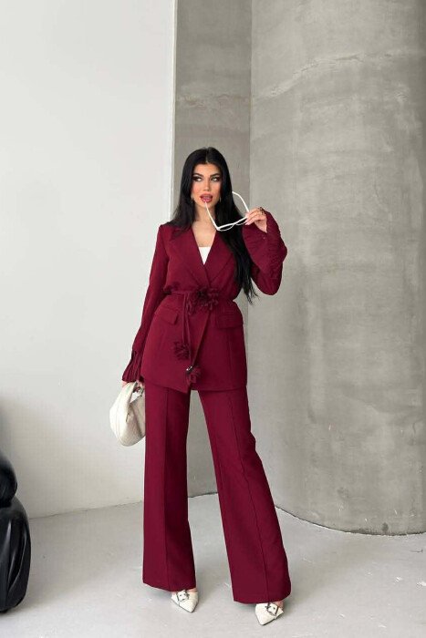 FLOWERS DETAIL LACING JACKET + TROUSERS WOMAN SET BURGUNDY/VISHNJE 