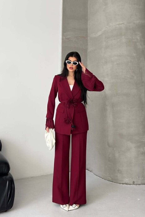 FLOWERS DETAIL LACING JACKET + TROUSERS WOMAN SET BURGUNDY/VISHNJE - 2