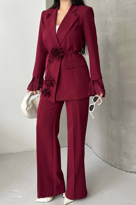 FLOWERS DETAIL LACING JACKET + TROUSERS WOMAN SET BURGUNDY/VISHNJE - 4