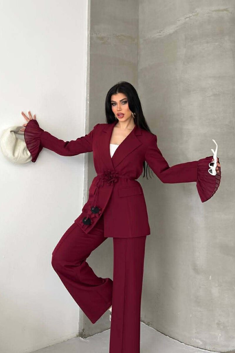 FLOWERS DETAIL LACING JACKET + TROUSERS WOMAN SET BURGUNDY/VISHNJE - 9