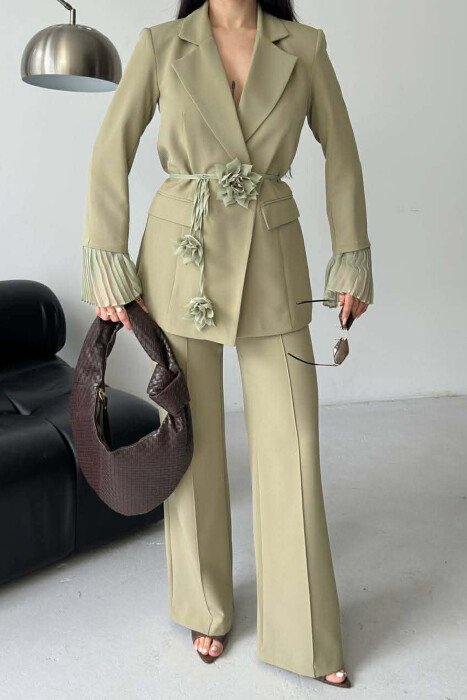 FLOWERS DETAIL LACING JACKET + TROUSERS WOMAN SET MINT/MENTE - 9