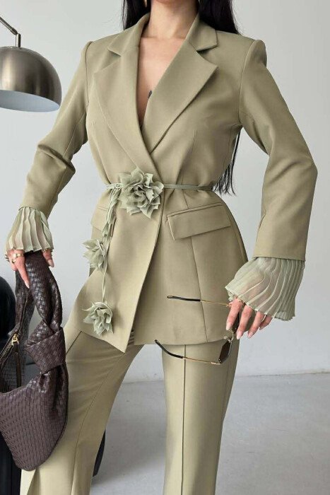 FLOWERS DETAIL LACING JACKET + TROUSERS WOMAN SET MINT/MENTE - 10