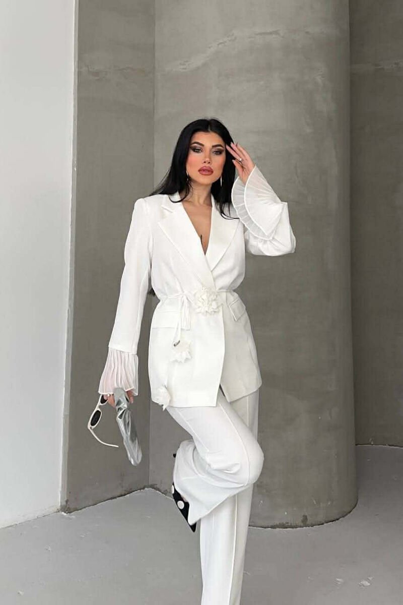 FLOWERS DETAIL LACING JACKET + TROUSERS WOMAN SET WHITE-E BARDHE - 3