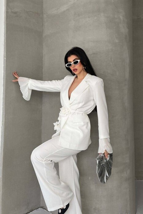 FLOWERS DETAIL LACING JACKET + TROUSERS WOMAN SET WHITE-E BARDHE - 4