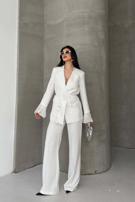 FLOWERS DETAIL LACING JACKET + TROUSERS WOMAN SET WHITE-E BARDHE - 6