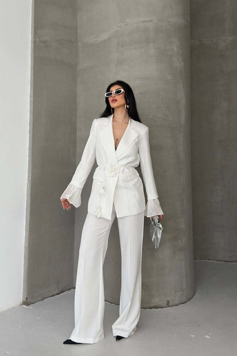 FLOWERS DETAIL LACING JACKET + TROUSERS WOMAN SET WHITE-E BARDHE - 6