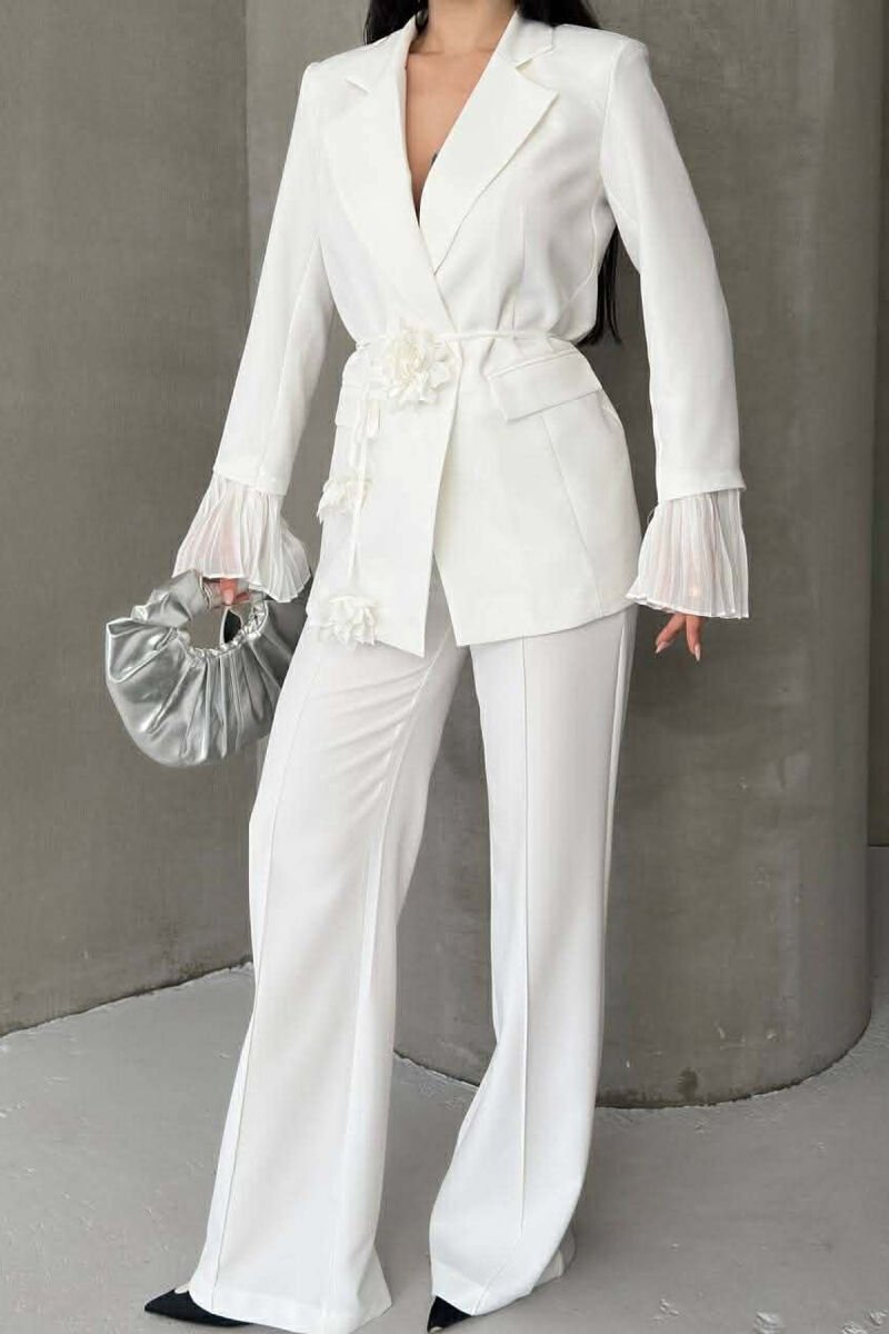 FLOWERS DETAIL LACING JACKET + TROUSERS WOMAN SET WHITE-E BARDHE - 8