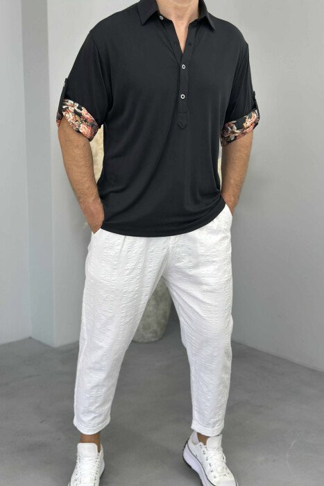 FLOWERS DETAIL ONE COLOR BUTTONED MEN T-SHIRT BLACK/ E ZEZE - 1