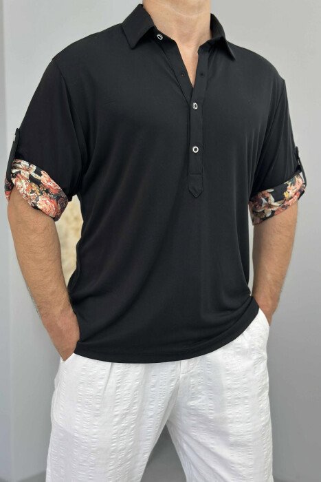 FLOWERS DETAIL ONE COLOR BUTTONED MEN T-SHIRT BLACK/ E ZEZE - 2