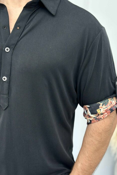 FLOWERS DETAIL ONE COLOR BUTTONED MEN T-SHIRT BLACK/ E ZEZE - 3