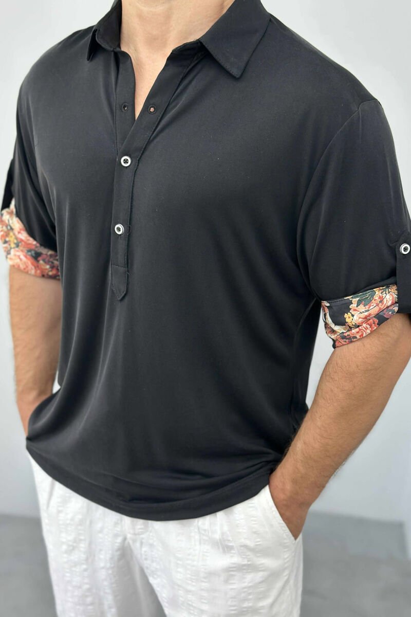 FLOWERS DETAIL ONE COLOR BUTTONED MEN T-SHIRT BLACK/ E ZEZE - 4