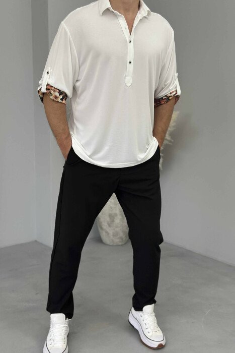 FLOWERS DETAIL ONE COLOR BUTTONED MEN T-SHIRT WHITE-E BARDHE 