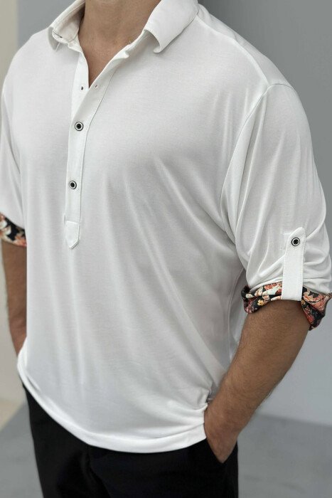 FLOWERS DETAIL ONE COLOR BUTTONED MEN T-SHIRT WHITE-E BARDHE - 3