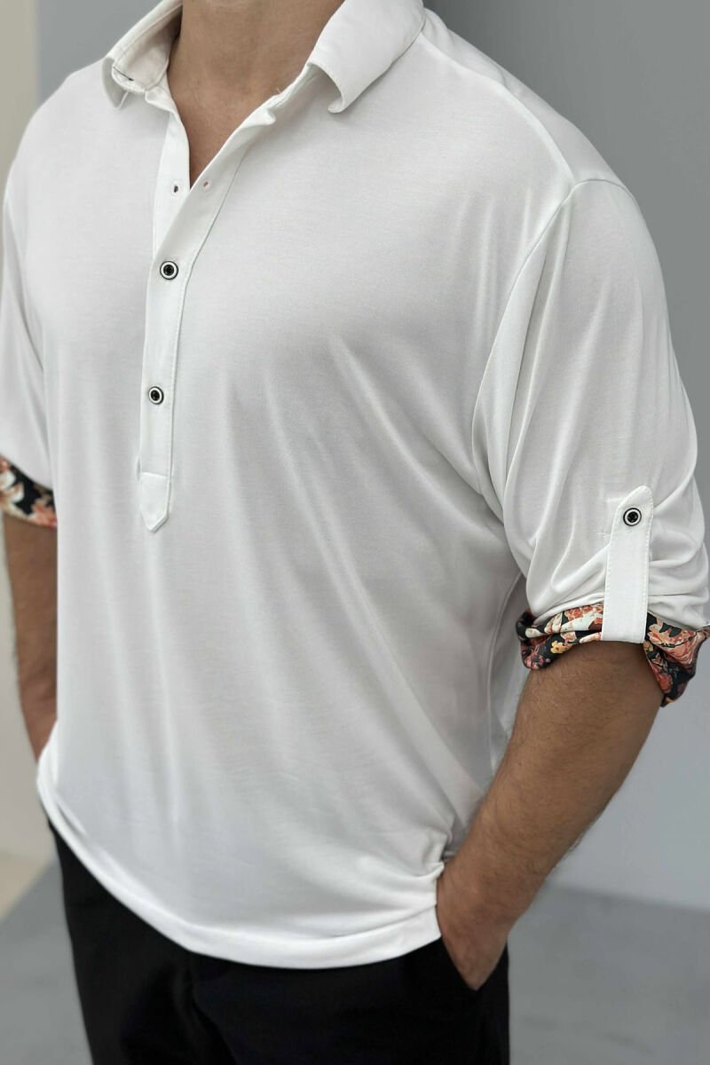 FLOWERS DETAIL ONE COLOR BUTTONED MEN T-SHIRT WHITE-E BARDHE - 3
