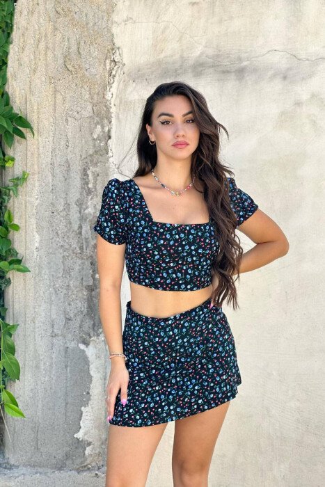 FLOWERS DIFFERENT COLORS TWO PIECE WOMAN SET BLACK/ E ZEZE - KLAUDIO FASHION
