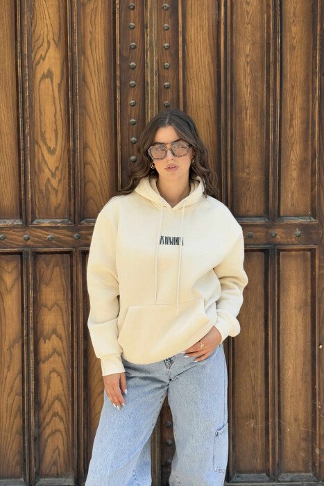 FLUFFY BACK DESIGN WOMEN HOODIE CREAM/KREM - 1
