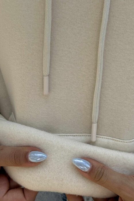 FLUFFY BACK DESIGN WOMEN HOODIE CREAM/KREM - 5