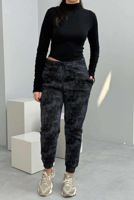 FLUFFY ELASTIC WAIST WOMEN JOGGERS DARK BLUE/BEE 