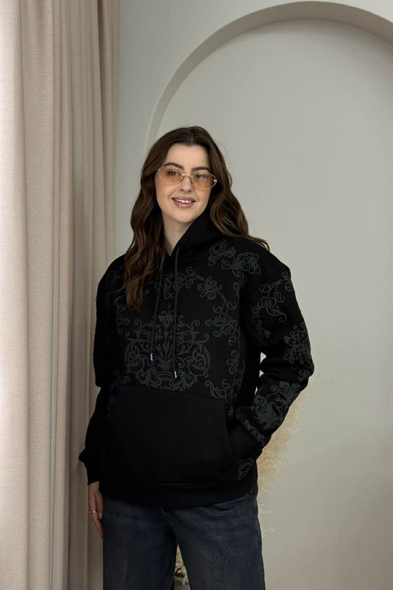 FLUFFY FLOWER DESIGN ONE COLOR WOMEN HOODIE BLACK/ E ZEZE - 1