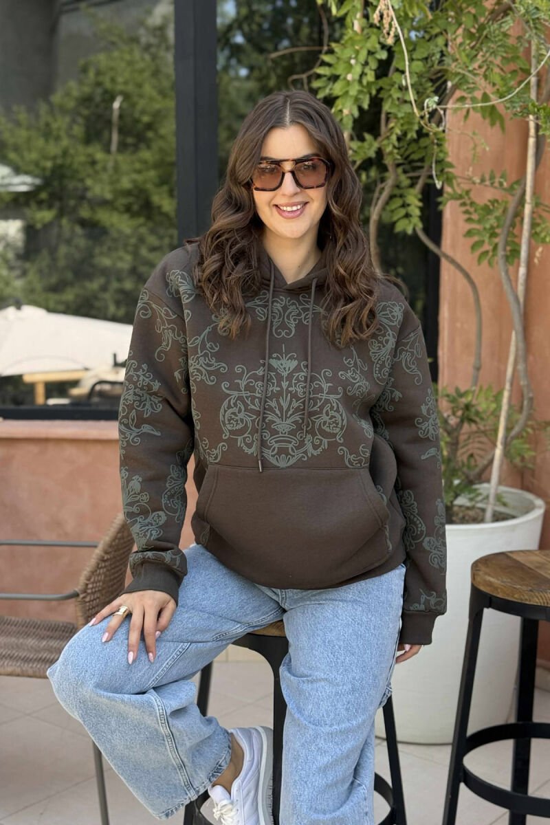 FLUFFY FLOWER DESIGN ONE COLOR WOMEN HOODIE DARK GREEN/JEE - 1