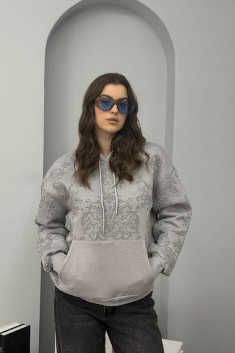FLUFFY FLOWER DESIGN ONE COLOR WOMEN HOODIE GREY/GRI - 1