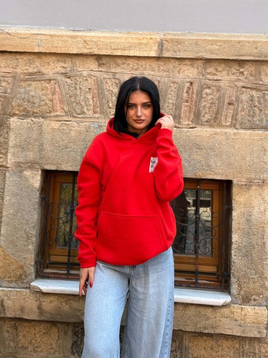 FLUFFY FRONT & BACK IMAGE WOMAN HOODIE RED/E KUQE - 