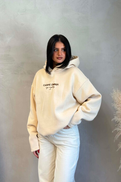 FLUFFY FRONT & BACK WRITTINGS WOMAN HOODIE BEIGE/BEZHE - KLAUDIO FASHION