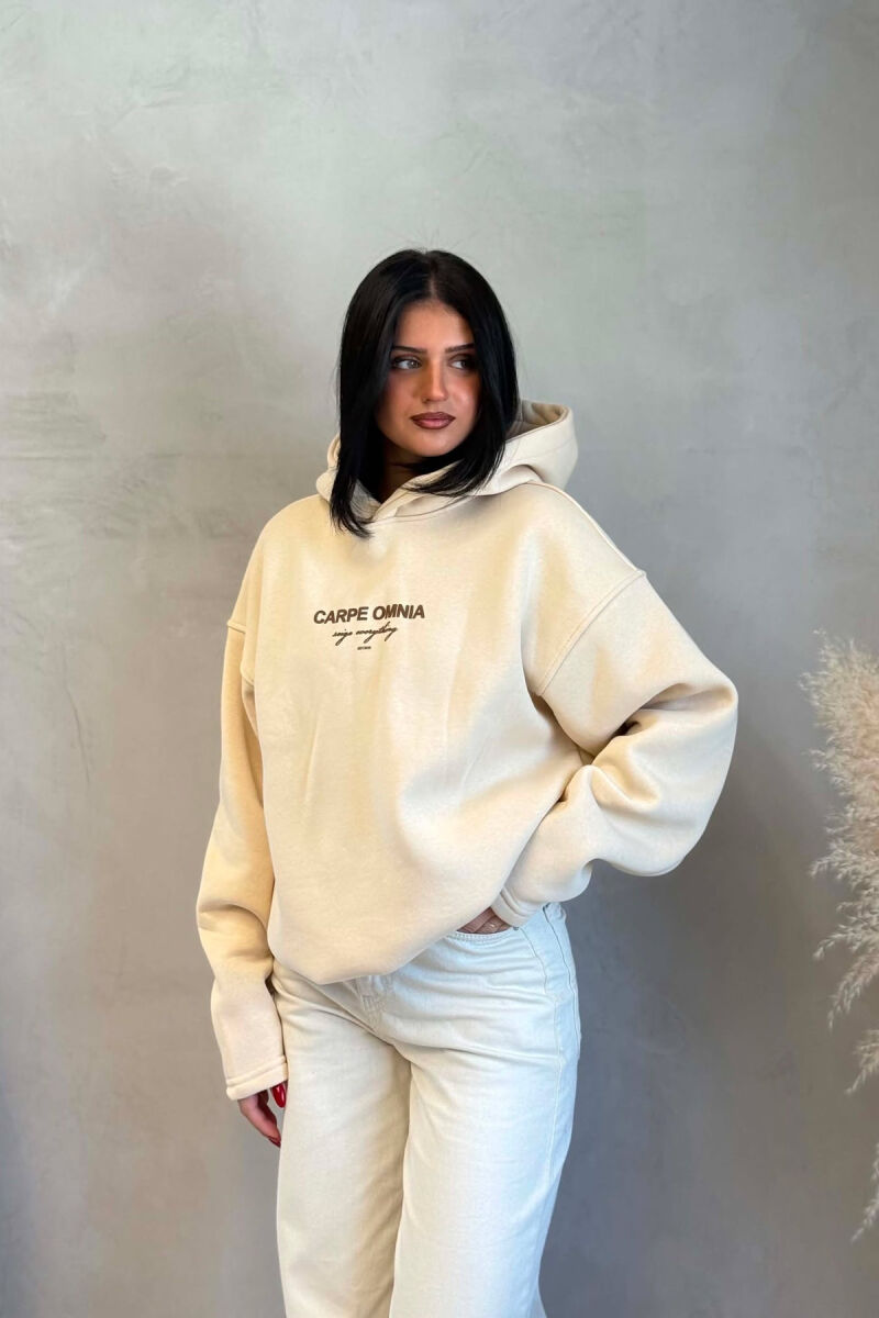 FLUFFY FRONT & BACK WRITTINGS WOMAN HOODIE BEIGE/BEZHE - 1
