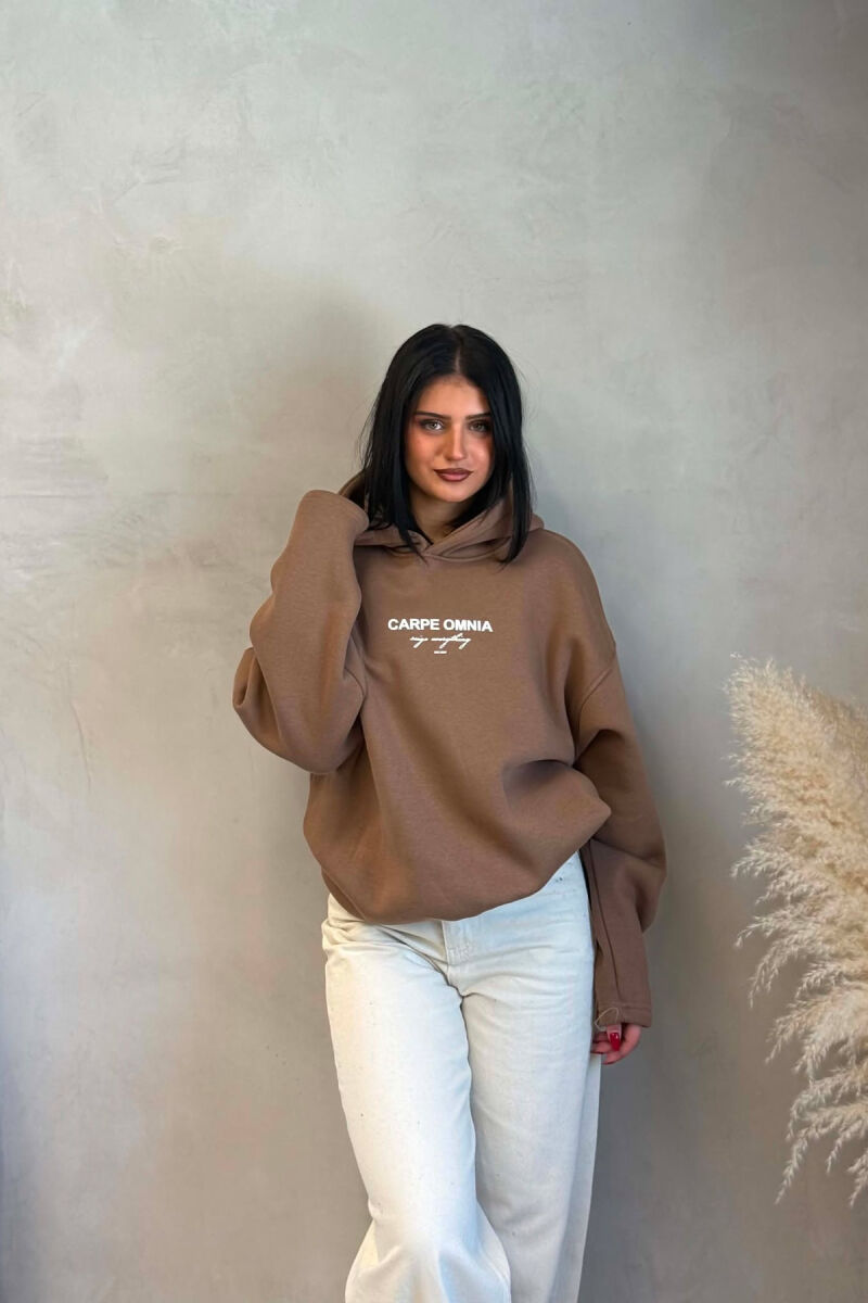 FLUFFY FRONT & BACK WRITTINGS WOMAN HOODIE BROWN/KAFE - 1