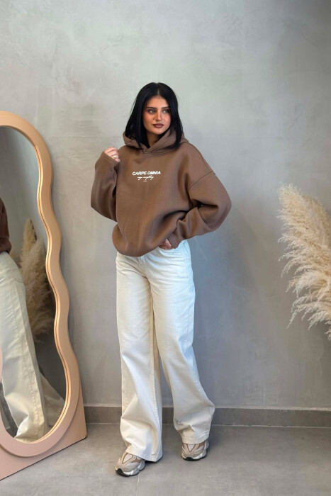 FLUFFY FRONT & BACK WRITTINGS WOMAN HOODIE BROWN/KAFE - 2