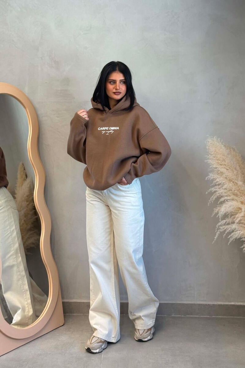 FLUFFY FRONT & BACK WRITTINGS WOMAN HOODIE BROWN/KAFE - 2